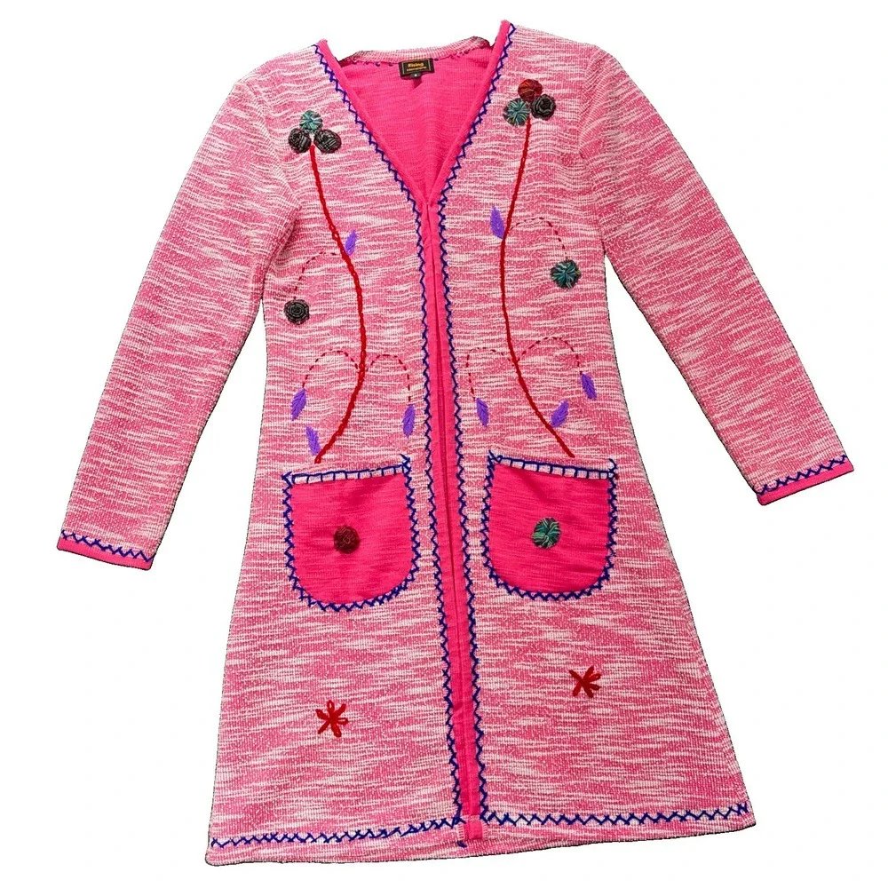 Rising International Duster Cardigan Womens Small Pink Floral Embroidered Knit